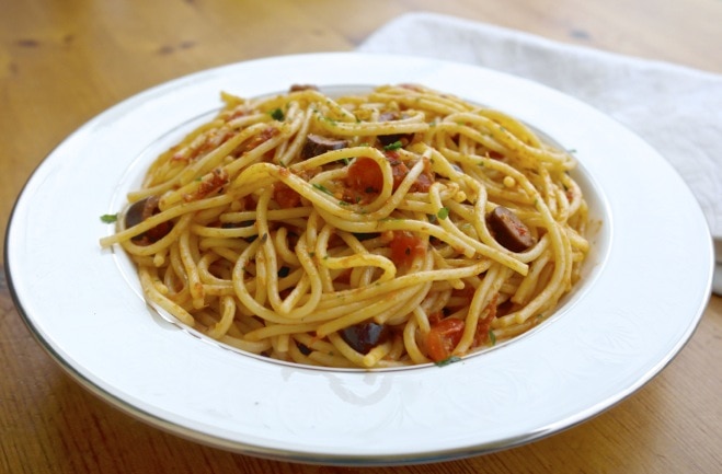 spaghetti alla puttanesca. one of the healthiest pasta dishes you can eat