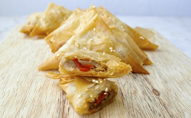 Greek Mini Eggplant-Feta Phyllo Turnovers–Melitzanopitakia