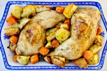 Greek roasted chicken with potatoes and carrots