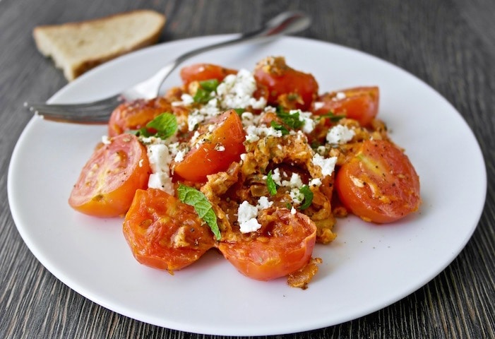 Greek Style Scrambled Eggs with Cherry Tomatoes and Feta - Kagianas