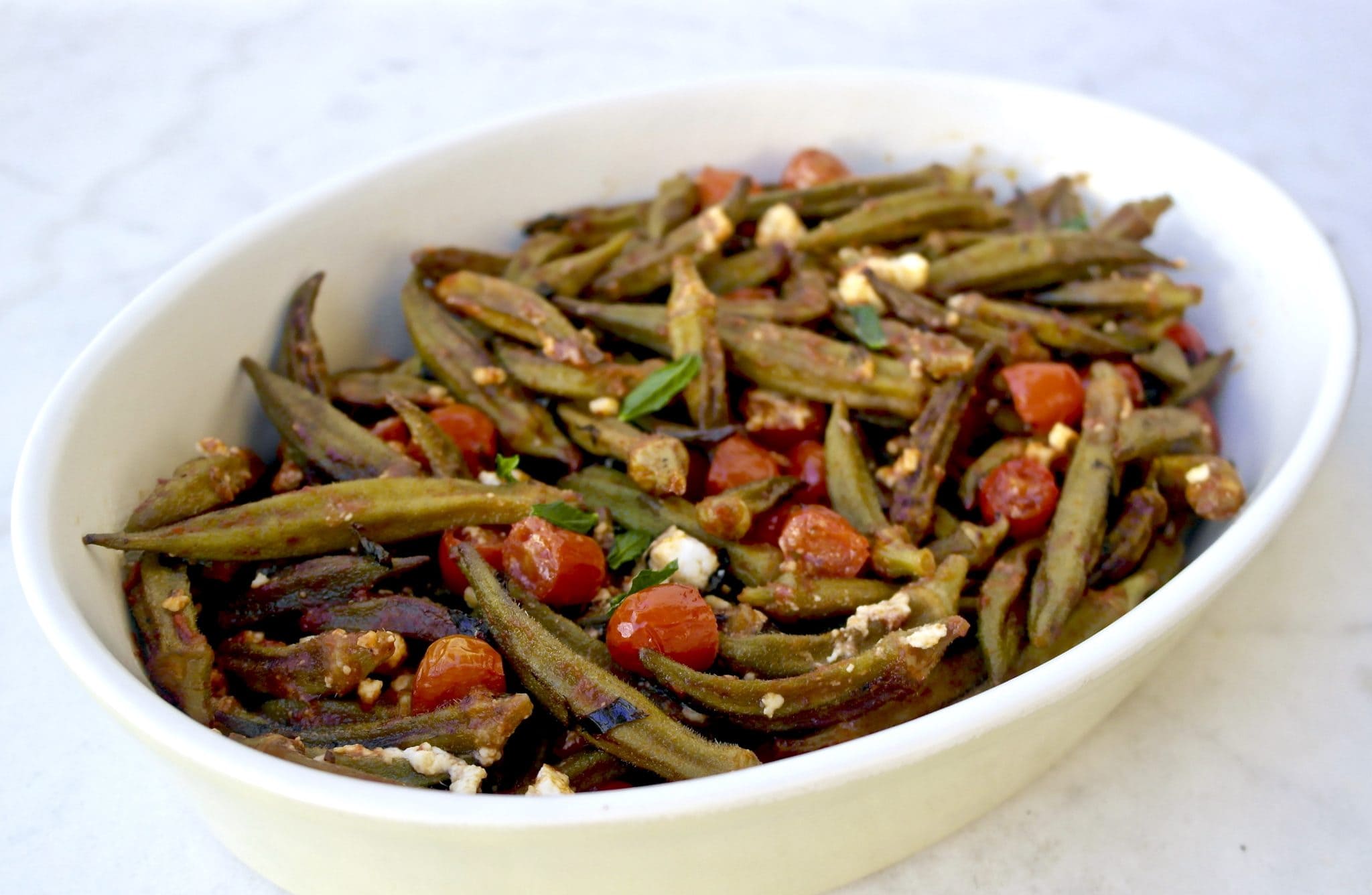 Greek Roasted Okra with Feta, Mint and Cherry Tomatoes Bamies Sto