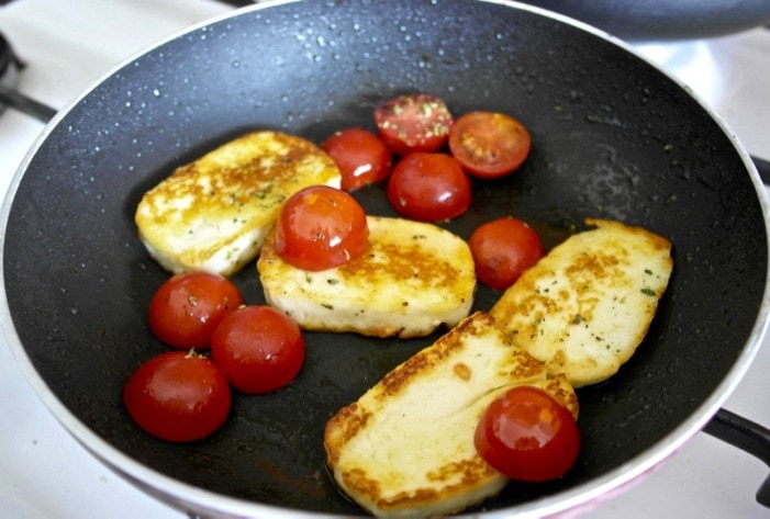 Fried Halloumi Cheese with Cherry Tomatoes Olive Tomato