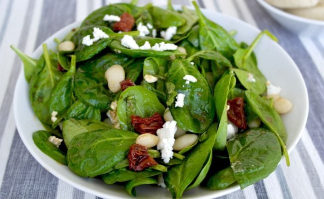 Mediterranean Spinach Salad with feta and beans