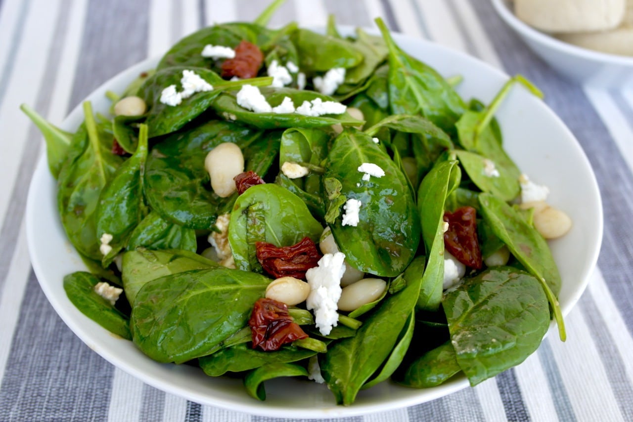 Mediterranean Spinach Salad with feta and beans