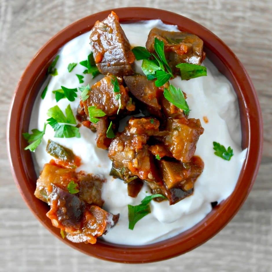 Roasted Eggplant, Tomatoes and Herbs with Greek Yogurt Olive Tomato