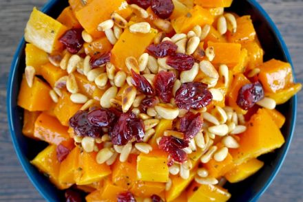 Roasted Butternut squash with pine nuts and cranberries