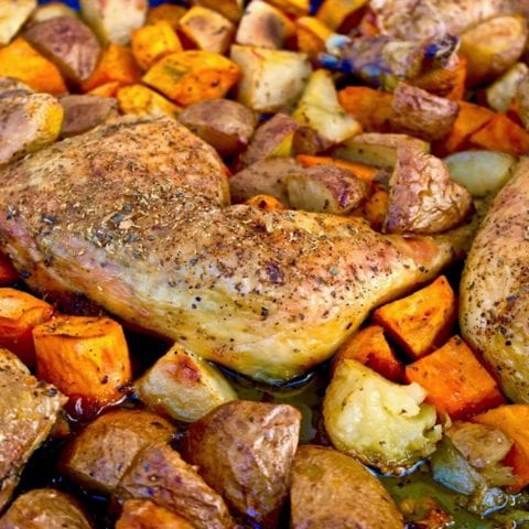 Crispy Greek Sheet Pan Chicken with Sweet Potatoes - Olive Tomato