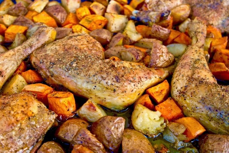 Crispy Greek Sheet Pan Chicken with Sweet Potatoes