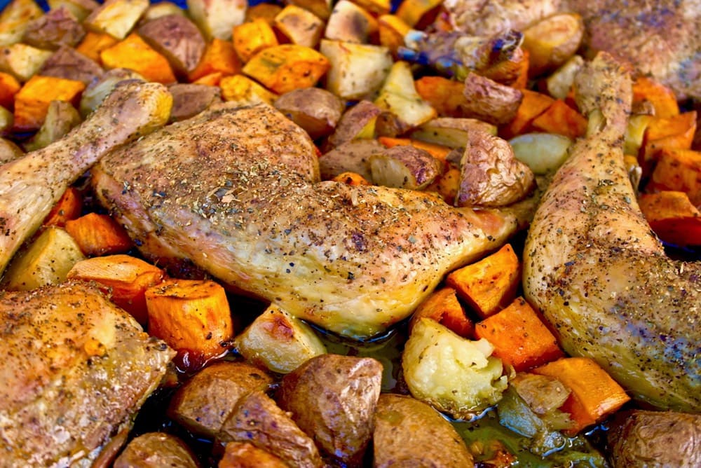 Crispy Greek Sheet Pan Chicken with Sweet Potatoes Olive Tomato