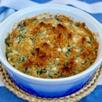 Spinach Casserole with feta and crunchy topping, Gratin. Melted feta along with spinach and a touch of parmesan. This is a perfect healthy recipe for a main dish, a side dish or brunch