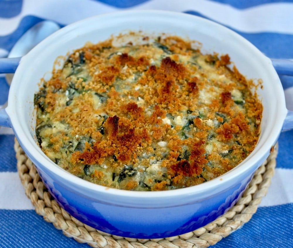 Spinach Casserole with feta and crunchy topping, Gratin. Melted feta along with spinach and a touch of parmesan. This is perfect healthy recipe for a main dish, a side dish or brunch