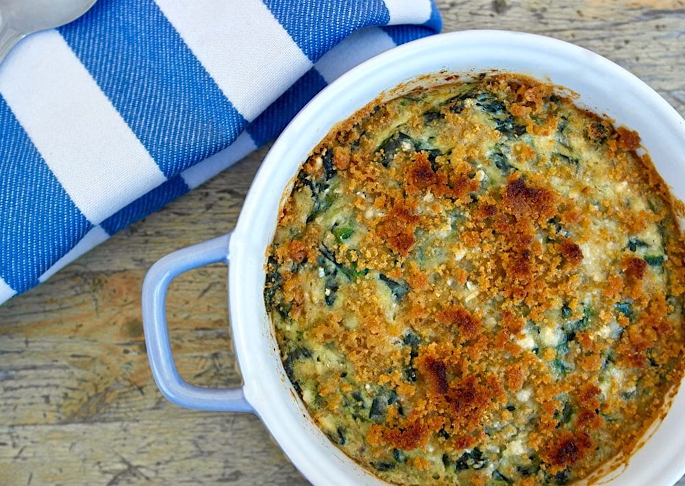 Spinach Casserole with feta and crunchy topping, Gratin. Melted feta along with spinach and a touch of parmesan. This is perfect healthy recipe for a main dish, a side dish or brunch