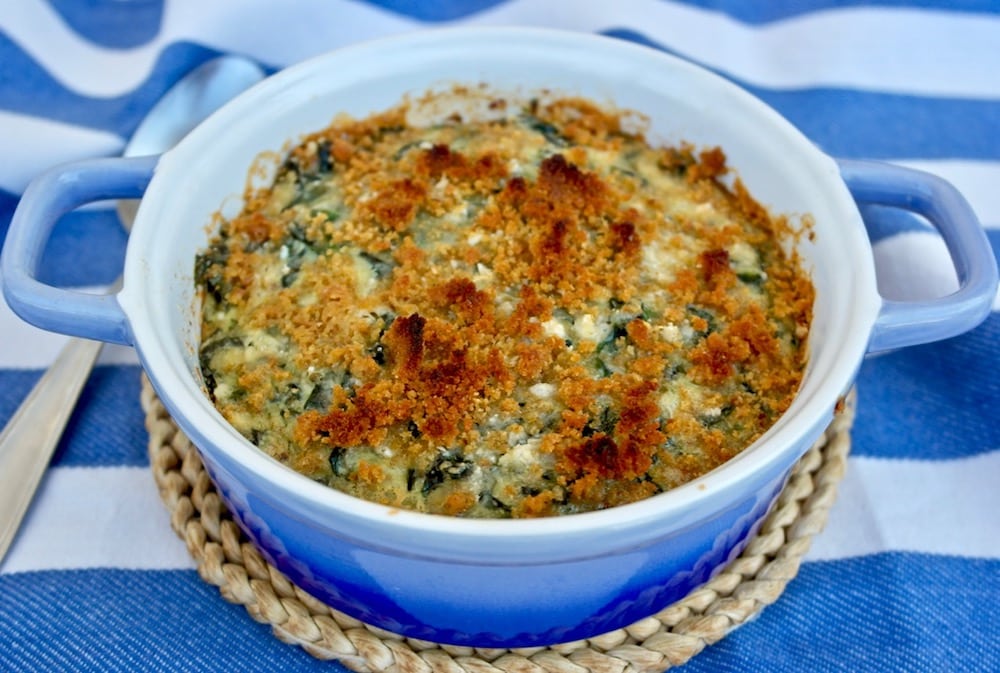 Spinach Casserole with feta and crunchy topping, Gratin. Melted feta along with spinach and a touch of parmesan. This is perfect healthy recipe for a main dish, a side dish or brunch