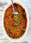 Roasted peas, peppers, tomato sauce, sun-dried tomatoes casserole dish #peas #recipe #Mediterranean #diet