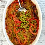 Roasted peas, peppers, tomato sauce, sun-dried tomatoes casserole dish #peas #recipe #Mediterranean #diet