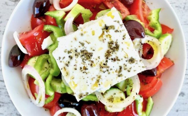 Greek salad (tomatoes, cucumber, pepper, onion and olives) with feta cheese #salad #Greek #Mediterranean #summer