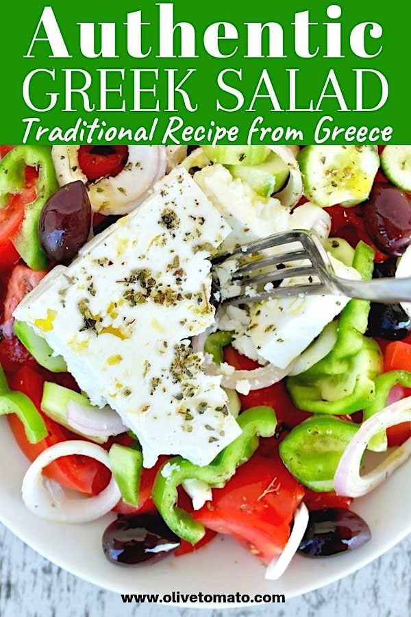 Authentic Traditional Greek Salad. Get the recipe for this Greek salad straight from Greece! Yummy summer veggies drizzled with olive oil and topped with feta? #salad #Greek #Mediterranean #summer