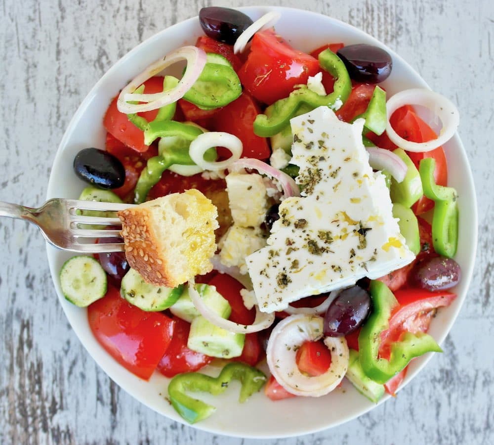 Greek salad (tomatoes, cucumber, pepper, onion and olives) with feta cheese #salad #Greek #Mediterranean #summer