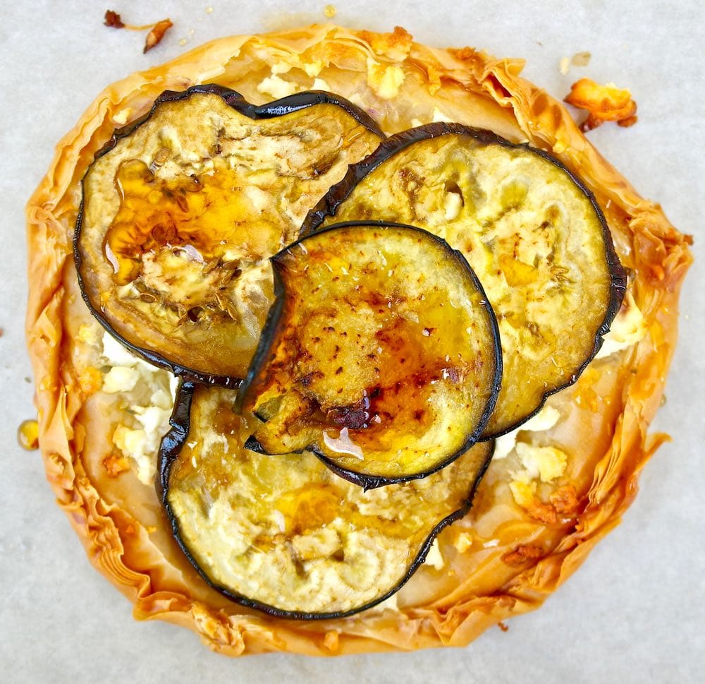 Eggplant and feta tart, drizzled with honey #eggplant #tart #feta #phyllo #pie #greek #recipes