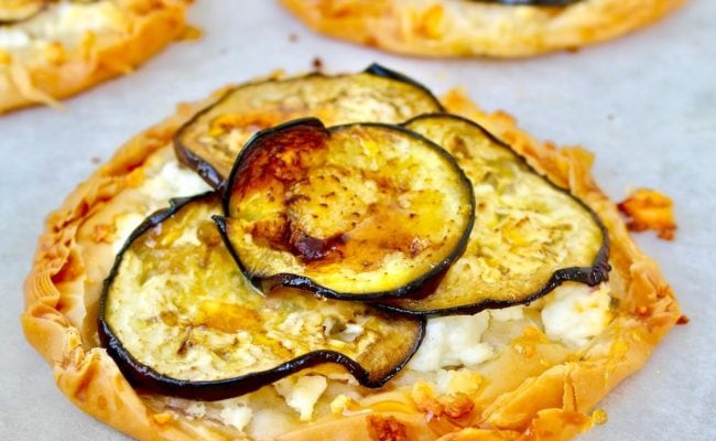 Eggplant and feta tart, drizzled with honey #eggplant #tart #feta #phyllo #pie #greek #recipes