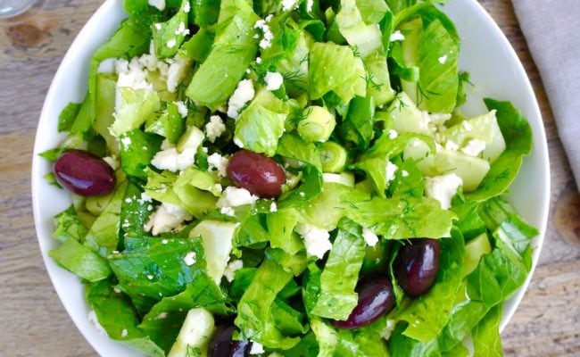 Greek Green salad with romaine lettuce and feta