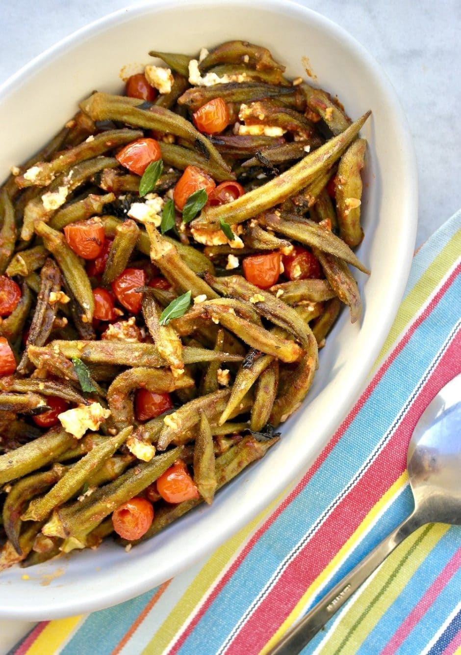 Greek Roasted Okra with Feta, Mint and Cherry Tomatoes Bamies Sto