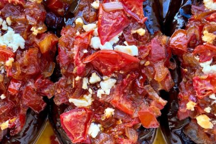 MEDITERRANEAN EGGPLANT STUFFED WITH FRESH TOMATO AND ONION
