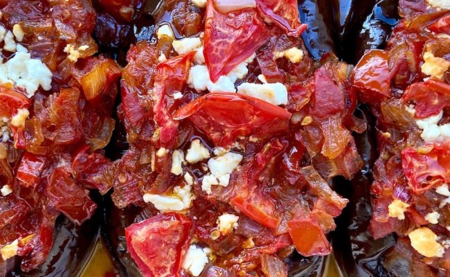 MEDITERRANEAN EGGPLANT STUFFED WITH FRESH TOMATO AND ONION