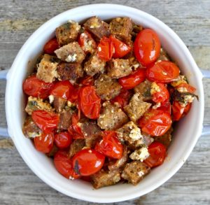 Roasted Cherry Tomatoes with Feta Cheese and Crispy Croutons