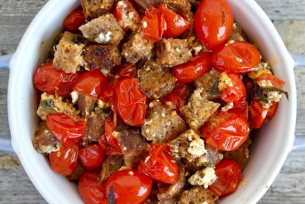 Easy Roasted Cherry Tomatoes with Feta and Crispy Croutons.