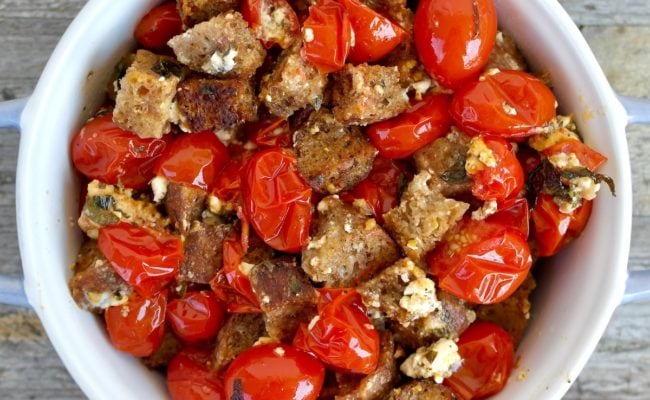 Easy Roasted Cherry Tomatoes with Feta and Crispy Croutons.