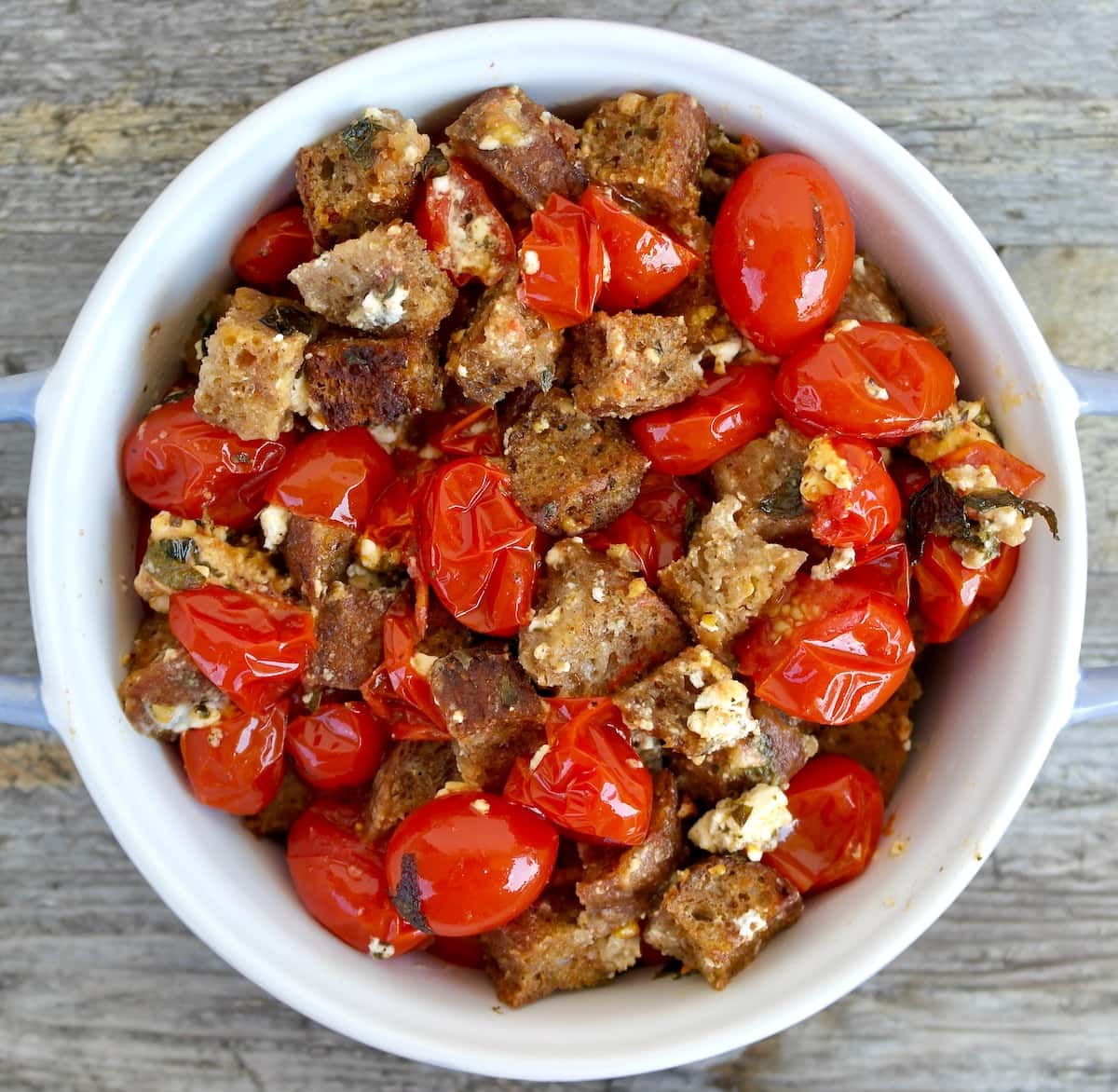 Roasted Cherry Tomatoes with Feta and Crispy Homemade Croutons.