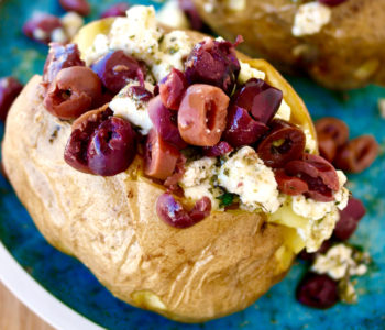 Mediterranean Stuffed Baked Potatoes with Marinated Feta and Kalamata Olives