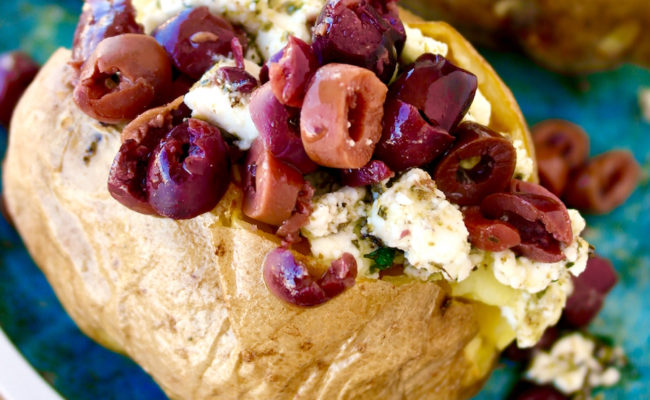 Mediterranean Stuffed Baked Potatoes with Marinated Feta and Kalamata Olives