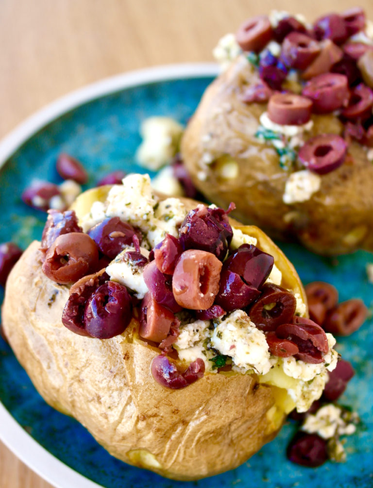 Mediterranean Stuffed Baked Potatoes with Marinated Feta and Kalamata
