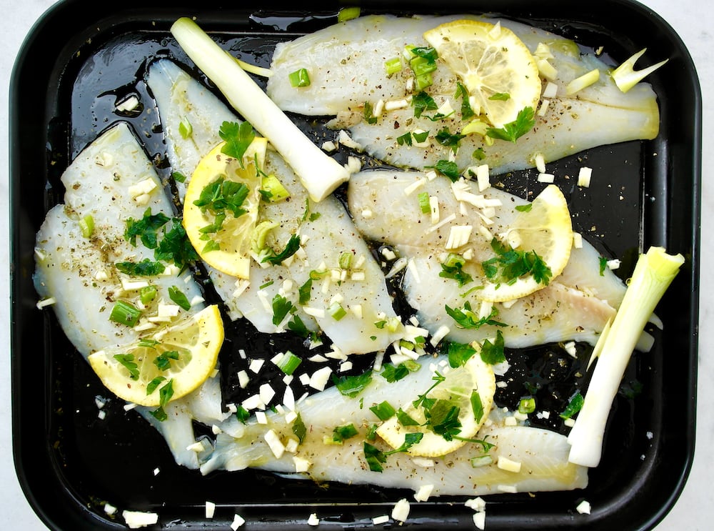 Mediterranean Baked Sole with Greek Ladolemono Dressing