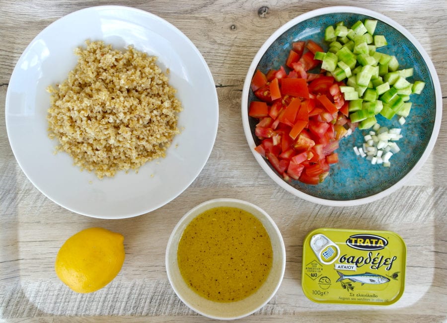 Mediterranean Bulgur Salad with Cucumbers, Tomatoes, Sardines and Fresh Herbs