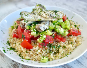 Mediterranean Bulgur Salad with Cucumbers, Tomatoes, Sardines and Fresh Herbs