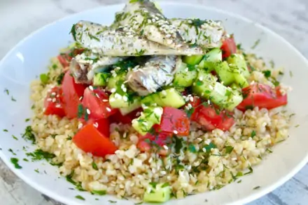 Mediterranean Bulgur Salad with Cucumbers, Tomatoes, Sardines and Fresh Herbs