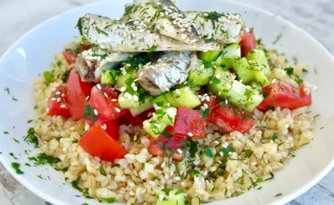 Mediterranean Bulgur Salad with Cucumbers, Tomatoes, Sardines and Fresh Herbs