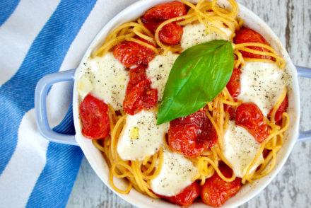 Baked Pasta with Sauteed Cherry Tomatoes and Fresh Mozzarella