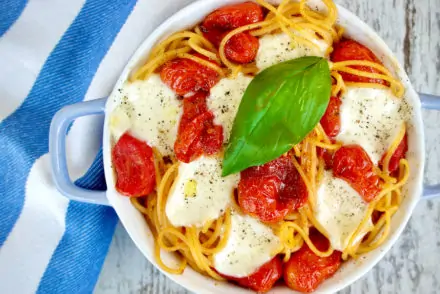 Baked Pasta with Sauteed Cherry Tomatoes and Fresh Mozzarella