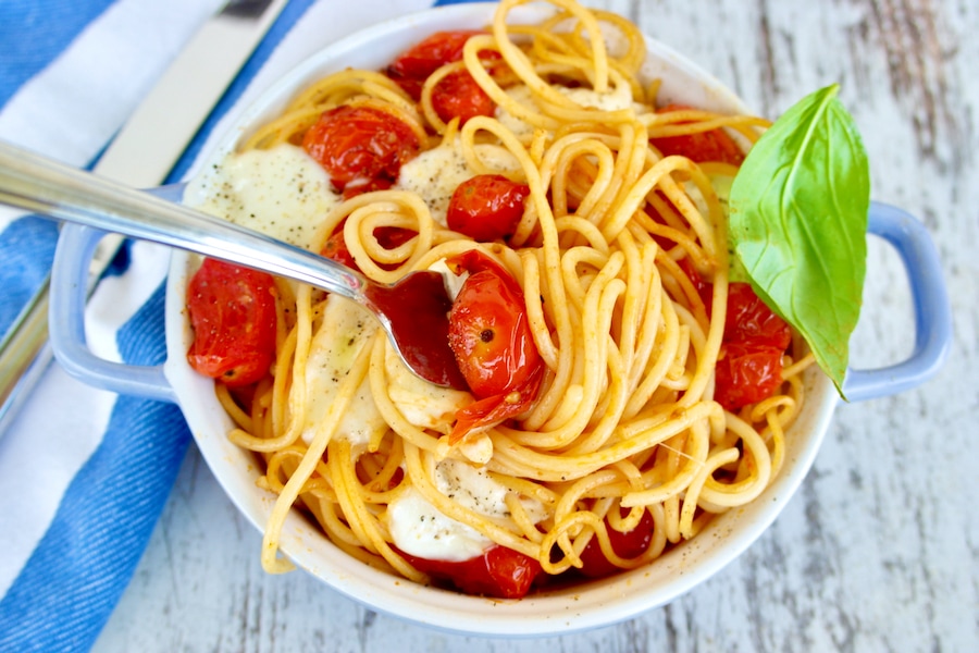 Baked Pasta with Sauteed Cherry Tomatoes and Fresh Mozzarella