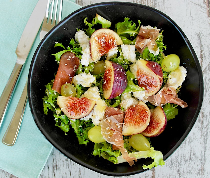 Mediterranean Fresh Fig and Greens Salad with Whipped Ricotta Olive