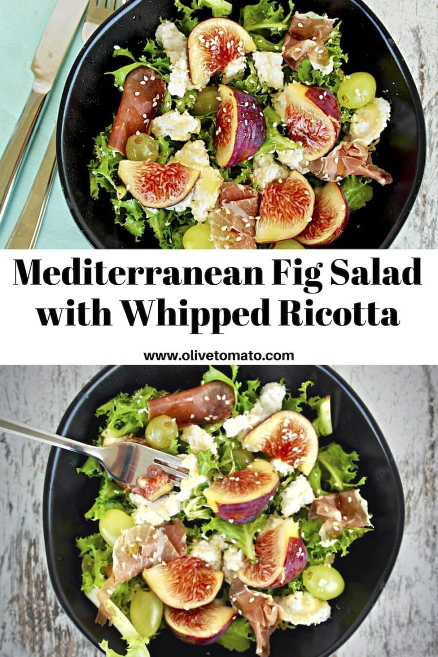 Mediterranean Fresh Fig and Greens Salad with Whipped Ricotta #salad #Mediterranean #figs #ricotta #easy #recipes