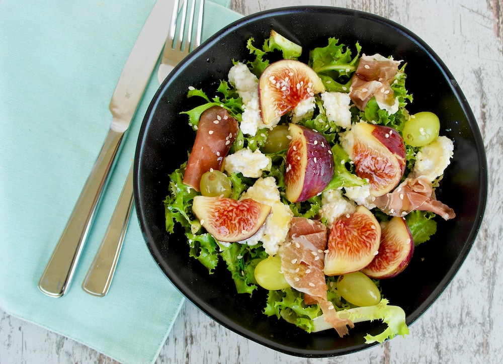 Mediterranean Fresh Fig and Greens Salad with Whipped Ricotta Olive